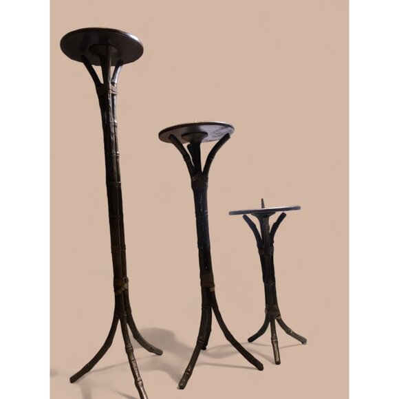 Set 3 MCM bamboo brass candle Holders Staggered Vintage decor - Picture 2 of 7